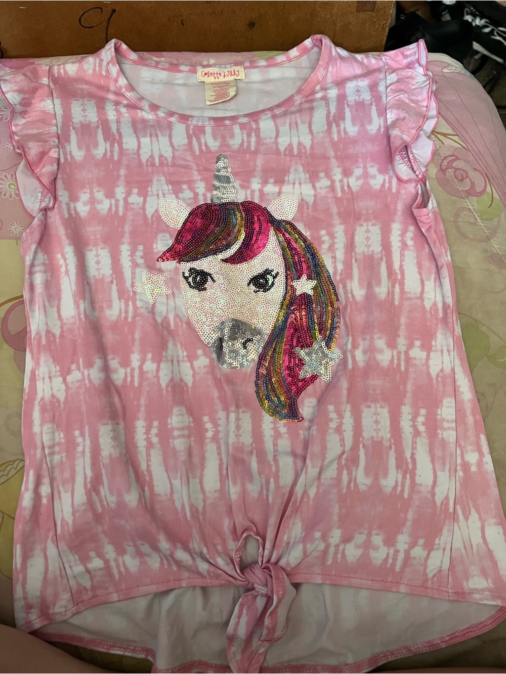 Girls Pink Tie-Dye Unicorn Sequin Top